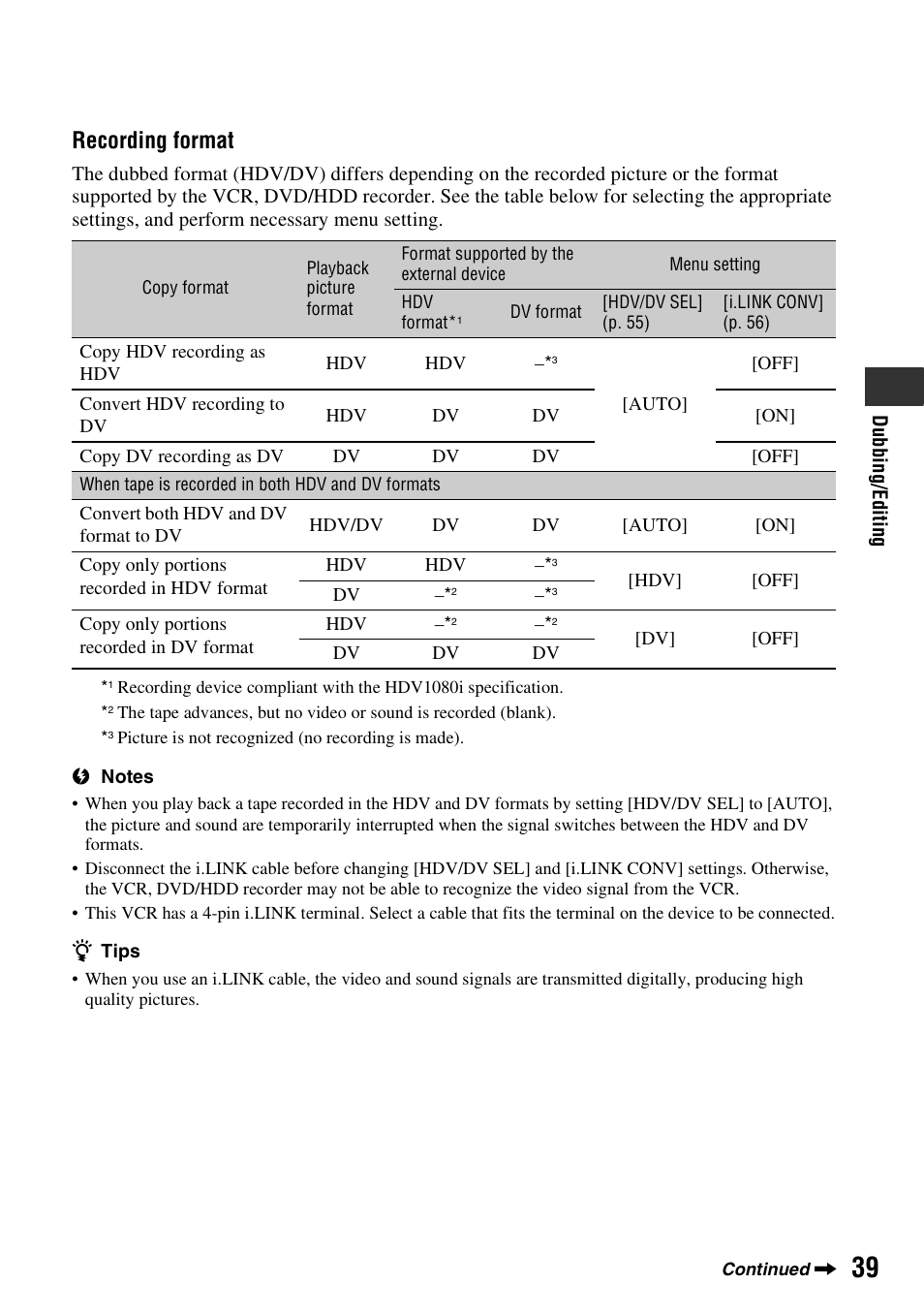 Recording format | Sony GV-HD700 User Manual | Page 39 / 108