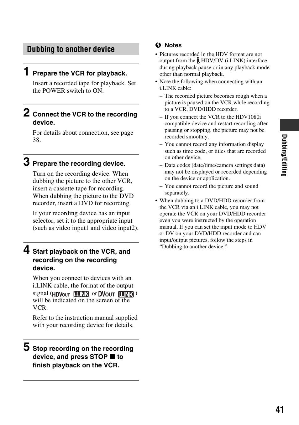 Dubbing to another device | Sony GV-HD700 User Manual | Page 41 / 108