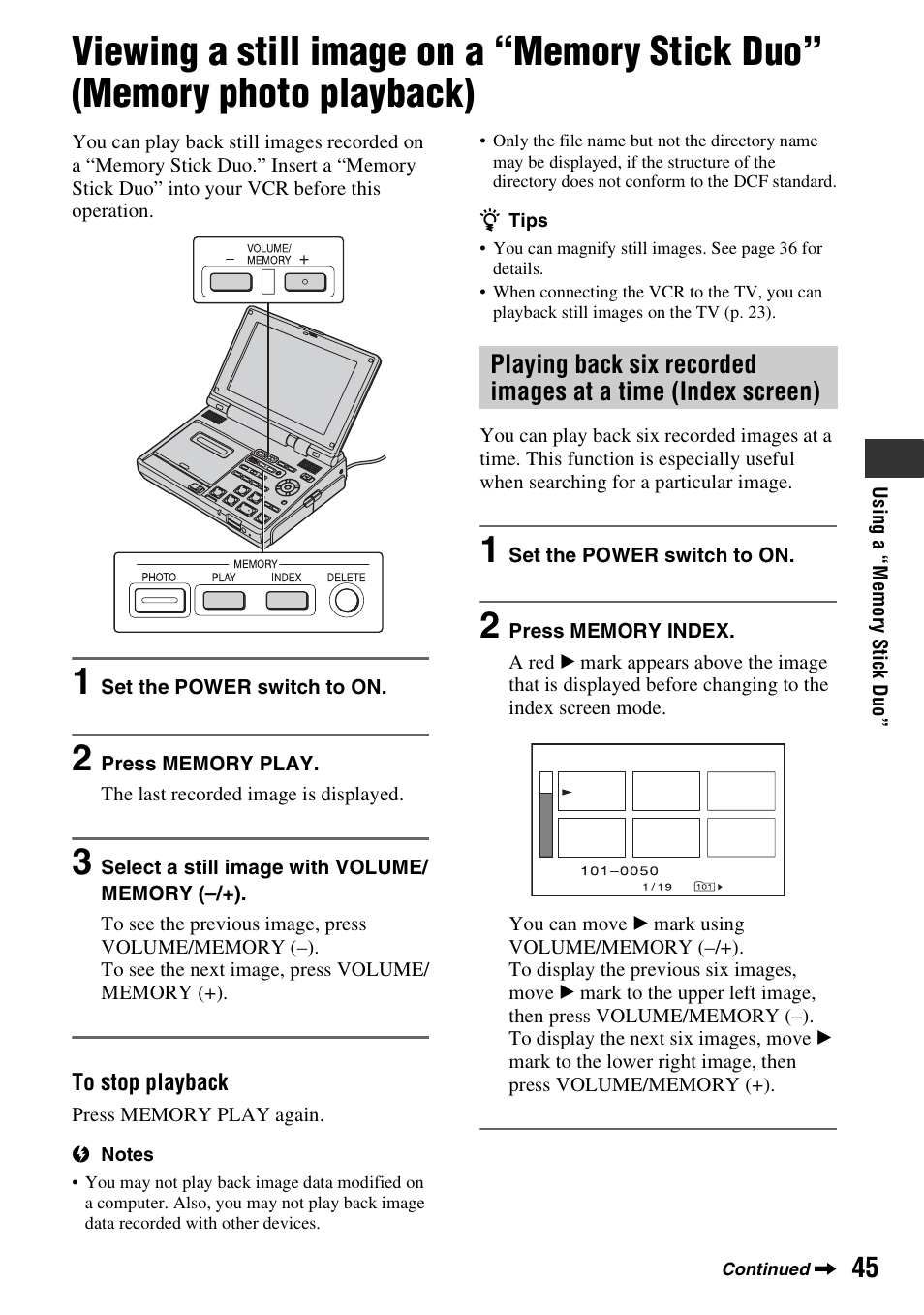 Viewing a still image on a “memory, Stick duo” (memory photo playback) | Sony GV-HD700 User Manual | Page 45 / 108