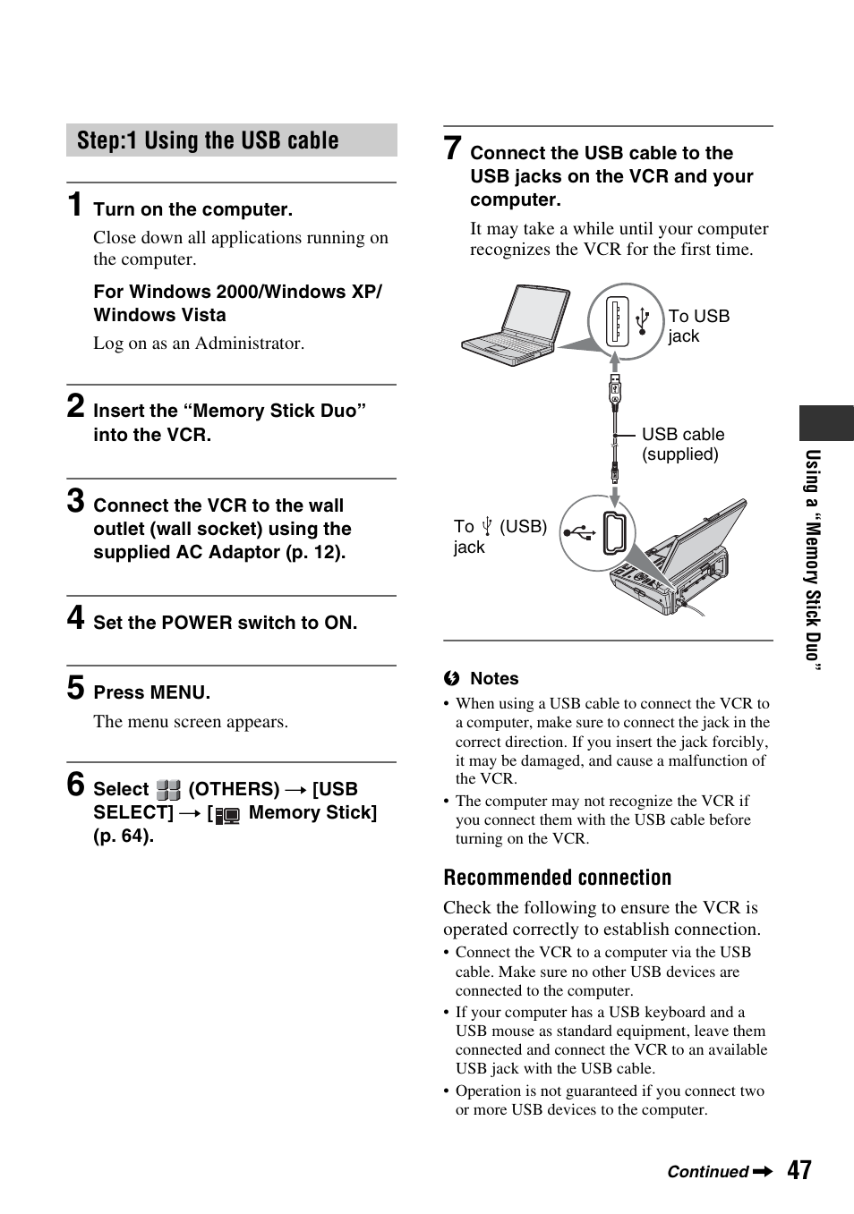 P. 47), Step:1 using the usb cable | Sony GV-HD700 User Manual | Page 47 / 108