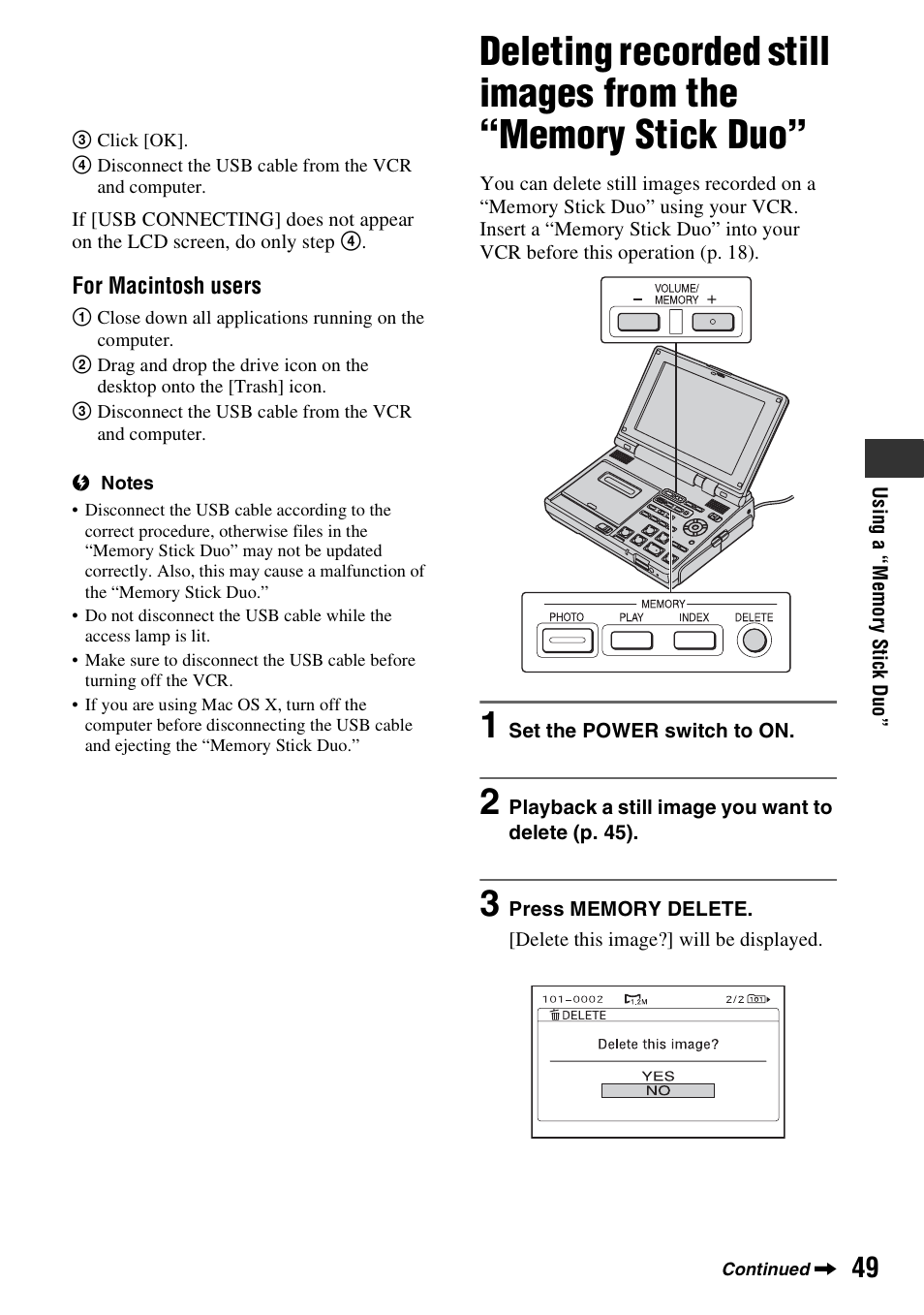 Deleting recorded still images from, The “memory stick duo | Sony GV-HD700 User Manual | Page 49 / 108