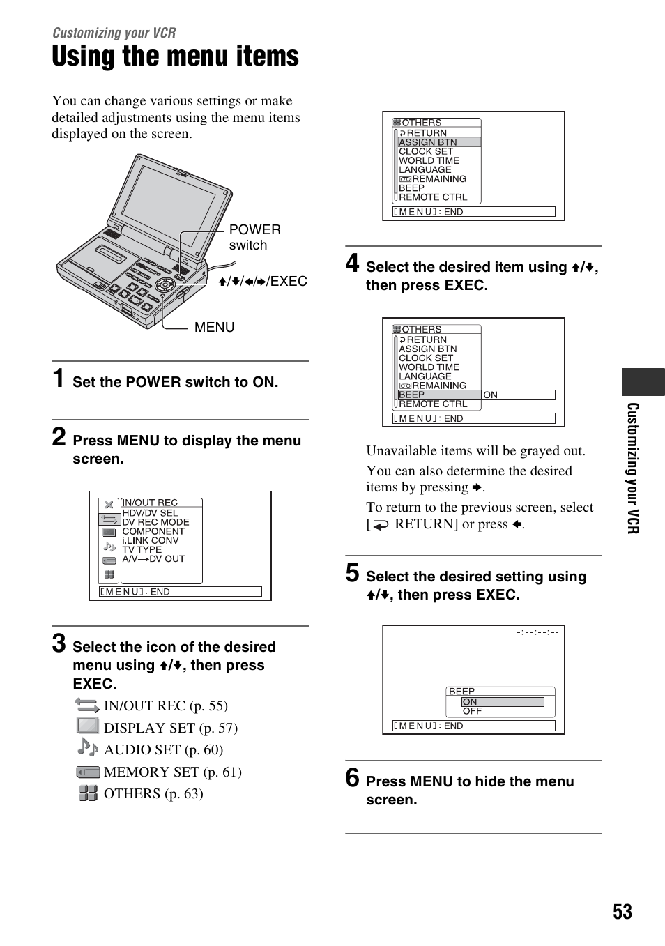 Customizing your vcr, Using the menu items | Sony GV-HD700 User Manual | Page 53 / 108