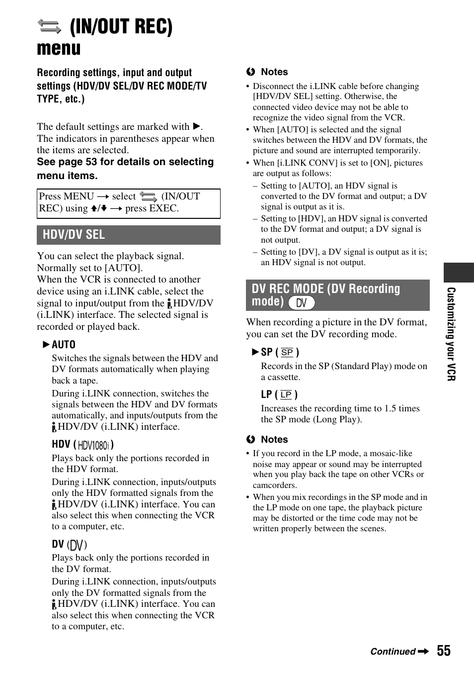 In/out rec) menu, Recording settings, input and output, Settings (hdv/dv sel/dv rec mode/tv type, etc.) | Auto] (p. 55), P. 55, P. 55), C (p. 55), Hdv/dv sel, Dv rec mode (dv recording mode) | Sony GV-HD700 User Manual | Page 55 / 108