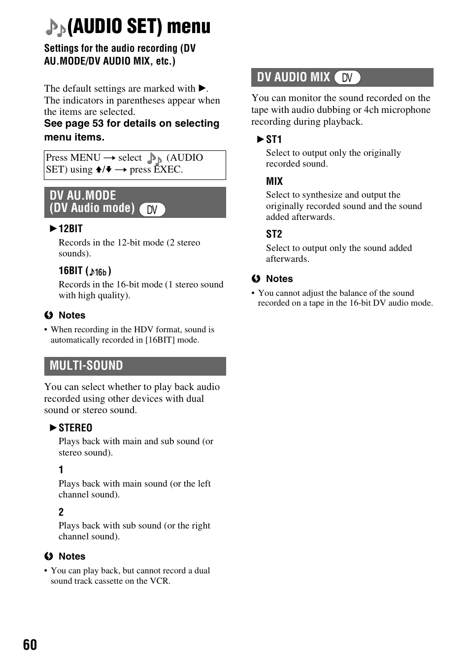 Audio set) menu, Settings for the audio recording (dv, Au.mode/dv audio mix, etc.) | P. 60), P. 60, Dv au.mode (dv audio mode) multi-sound, Dv audio mix | Sony GV-HD700 User Manual | Page 60 / 108