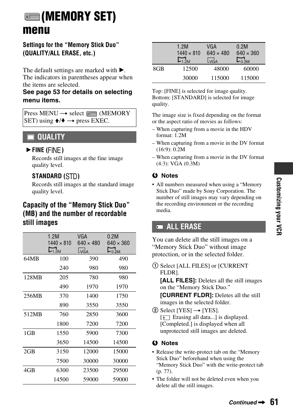 Memory set) menu, Settings for the “memory stick duo, Quality/all erase, etc.) | P. 61), Quality, All erase | Sony GV-HD700 User Manual | Page 61 / 108