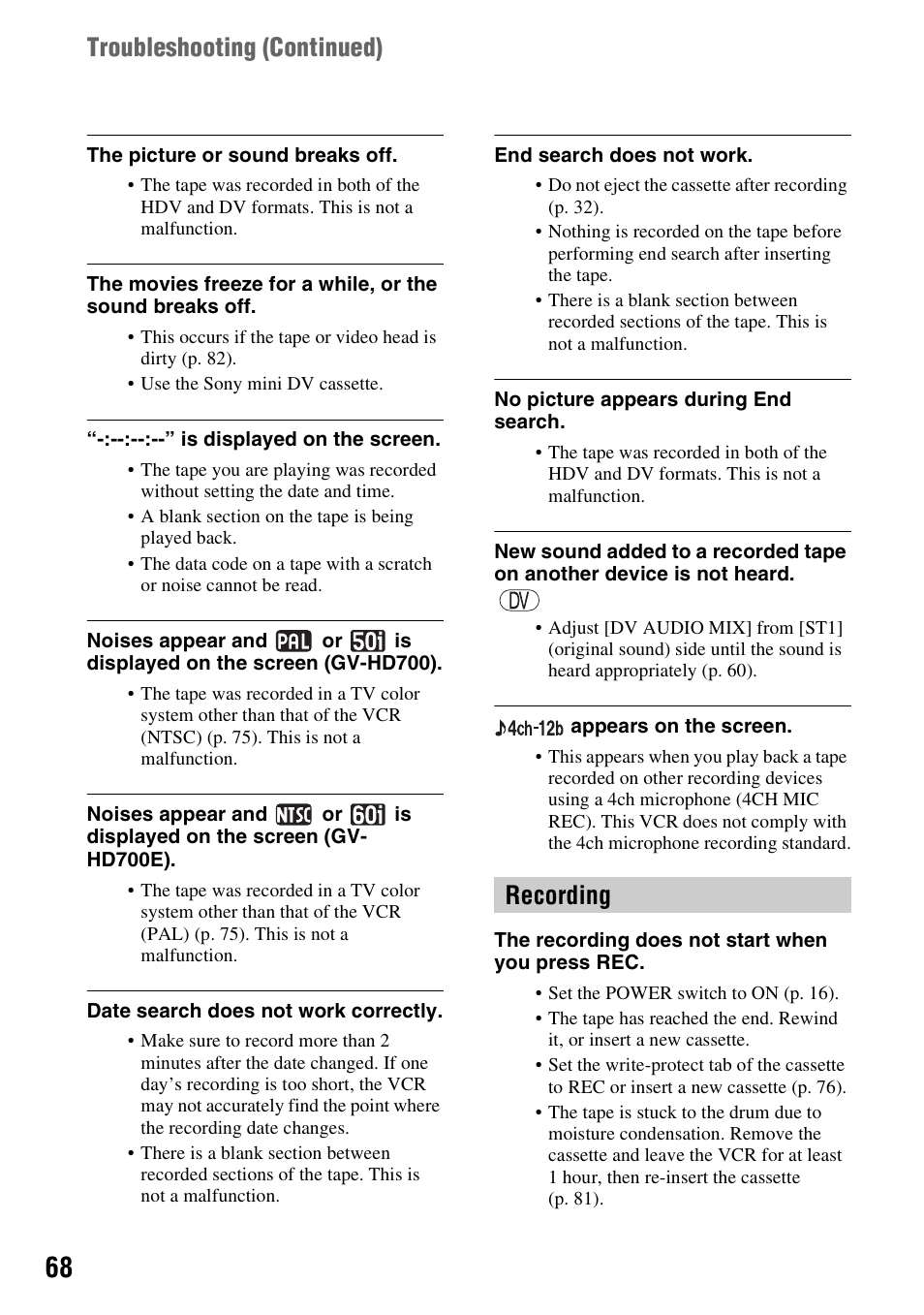 Recording, Recording troubleshooting (continued) | Sony GV-HD700 User Manual | Page 68 / 108