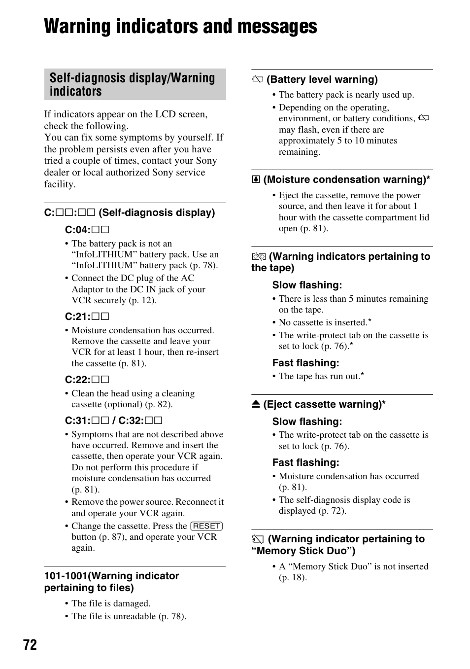 Warning indicators and messages, Self-diagnosis display/warning indicators | Sony GV-HD700 User Manual | Page 72 / 108