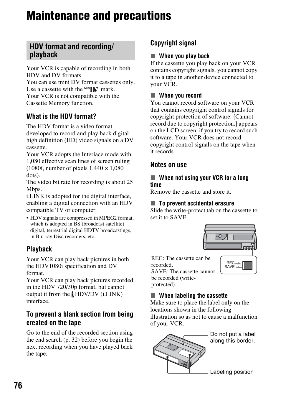 Maintenance and precautions, Hdv format and recording/ playback, Hdv format and recording/playback | P. 76, P. 76) | Sony GV-HD700 User Manual | Page 76 / 108