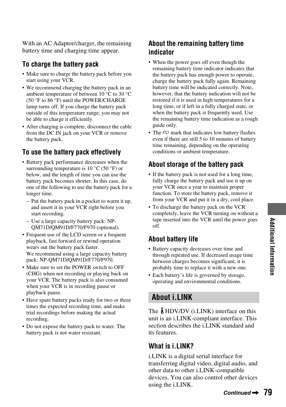 About i.link, About the remaining battery time indicator, About storage of the battery pack | About battery life, What is i.link | Sony GV-HD700 User Manual | Page 79 / 108