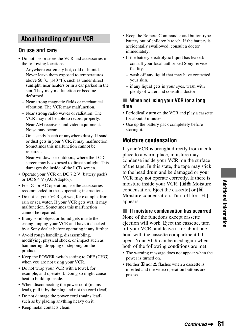 About handling of your vcr, P. 81), P. 81 | On use and care, Moisture condensation | Sony GV-HD700 User Manual | Page 81 / 108