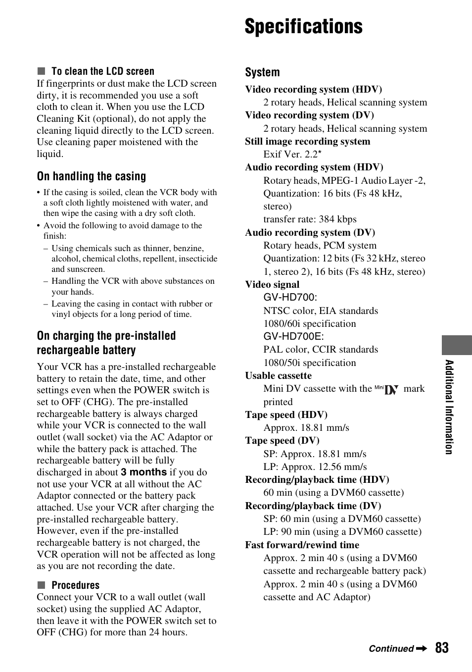 Specifications | Sony GV-HD700 User Manual | Page 83 / 108