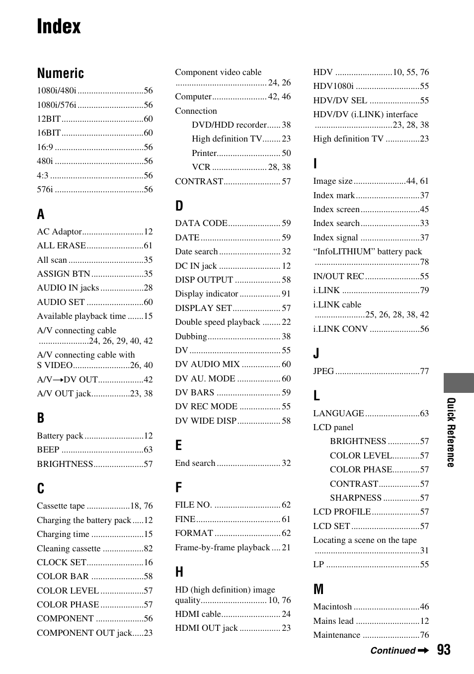 Index, Numeric | Sony GV-HD700 User Manual | Page 93 / 108