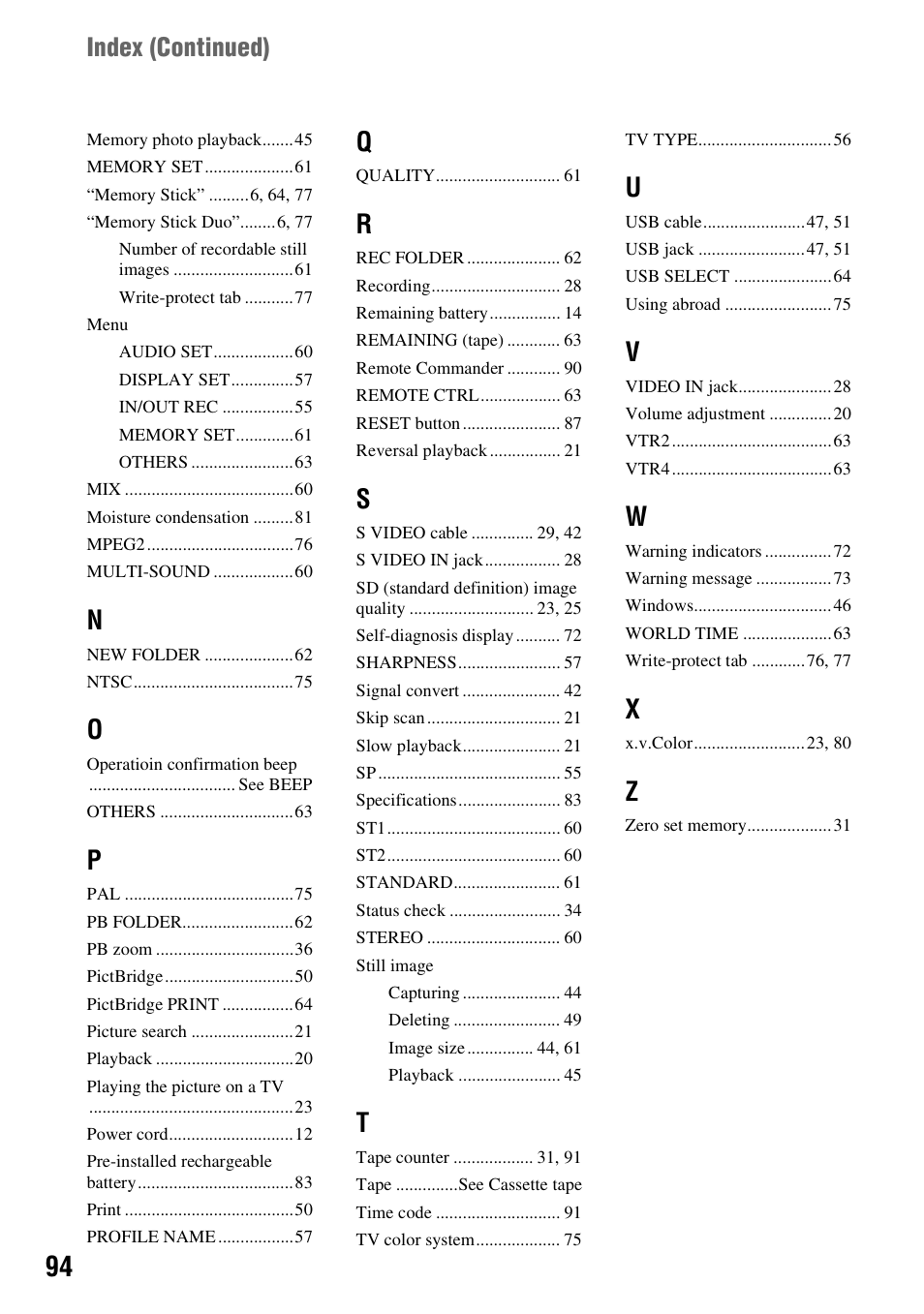 Index (continued) | Sony GV-HD700 User Manual | Page 94 / 108