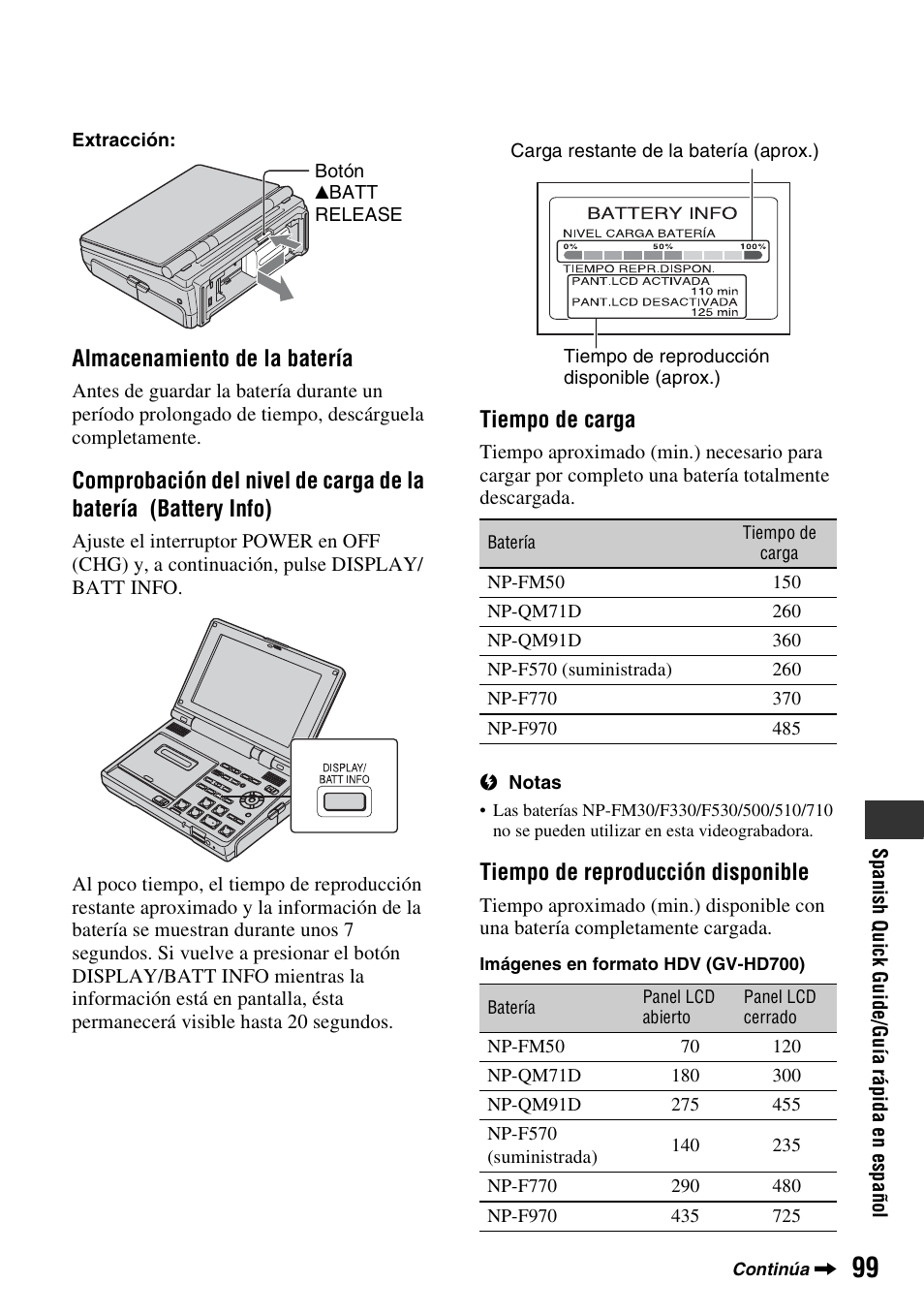 Almacenamiento de la batería, Tiempo de carga, Tiempo de reproducción disponible | Sony GV-HD700 User Manual | Page 99 / 108