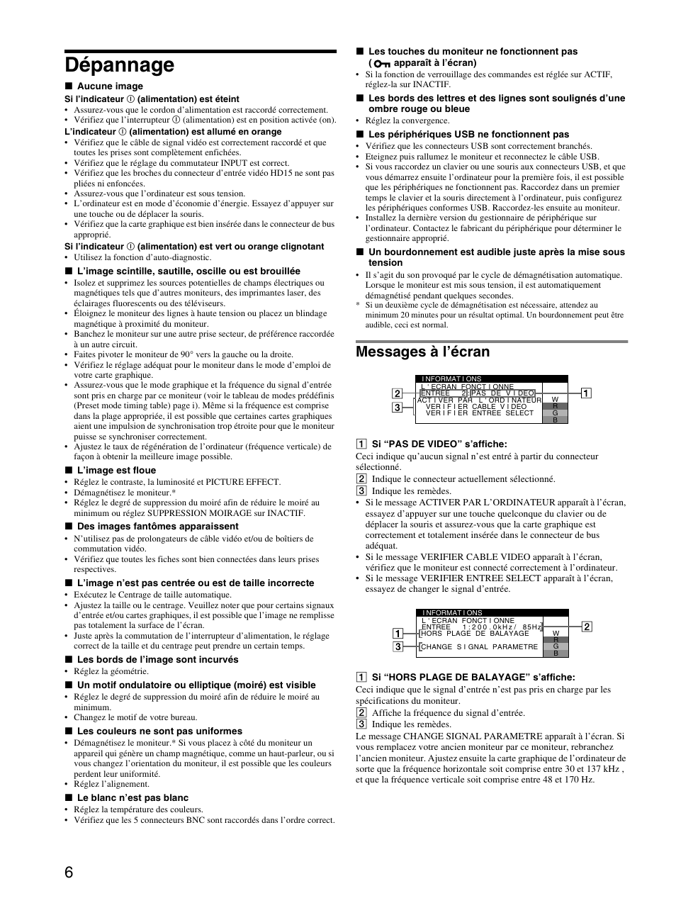 Dépannage, Messages à l’écran | Sony GDM-F520 User Manual | Page 12 / 52