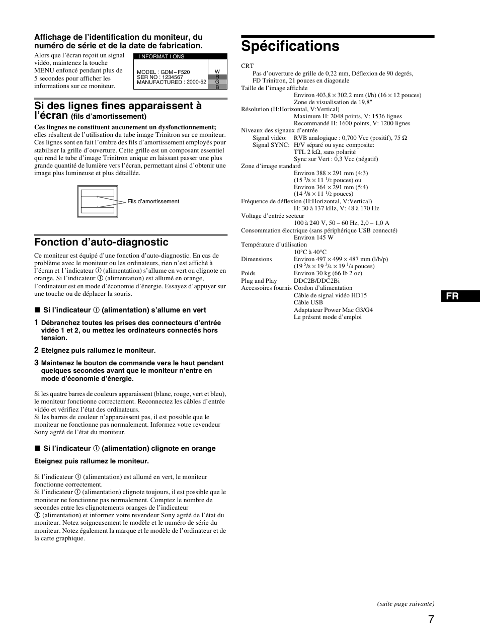 Fonction d’auto-diagnostic, Spécifications, Si des lignes fines apparaissent à l’écran | Sony GDM-F520 User Manual | Page 13 / 52