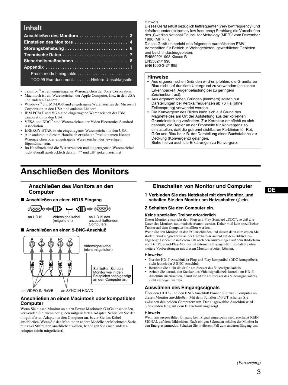 Anschließen des monitors, 1 anschließen des monitors an den computer, 2 einschalten von monitor und computer | Inhalt, Anschließen des monitors an den computer, Einschalten von monitor und computer | Sony GDM-F520 User Manual | Page 15 / 52