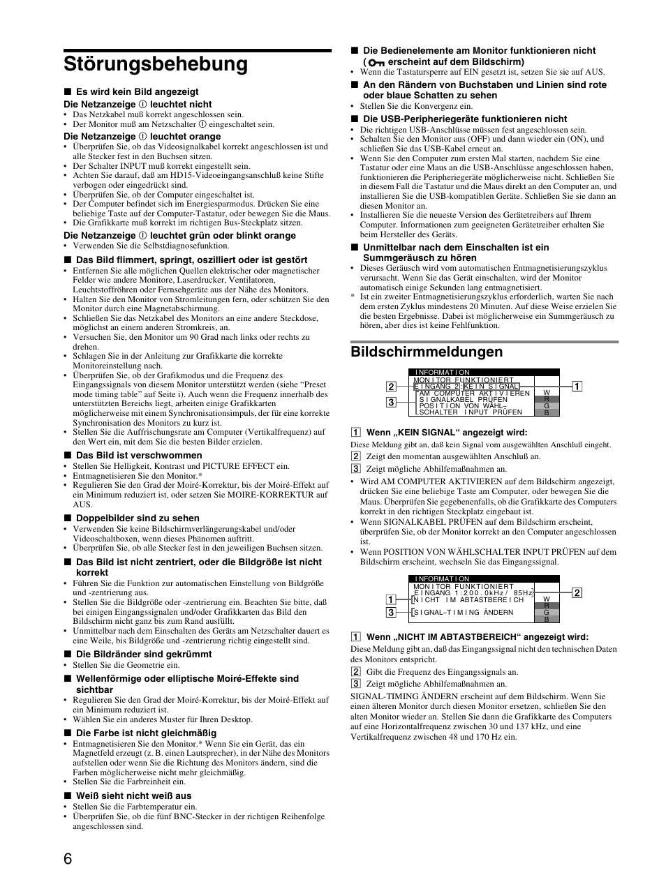 Störungsbehebung, Bildschirmmeldungen | Sony GDM-F520 User Manual | Page 18 / 52