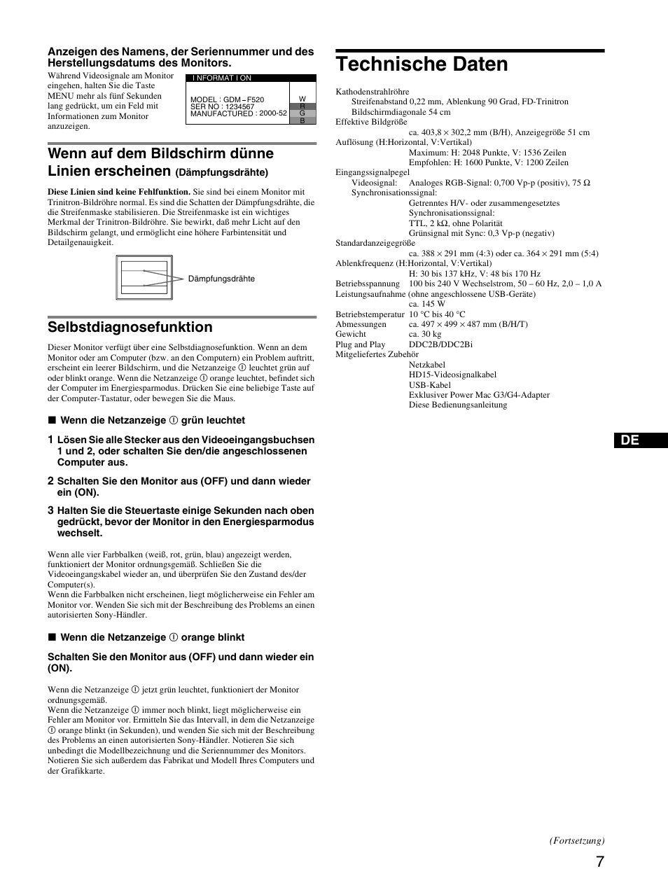 Selbstdiagnosefunktion, Technische daten, Wenn auf dem bildschirm dünne linien erscheinen | Sony GDM-F520 User Manual | Page 19 / 52