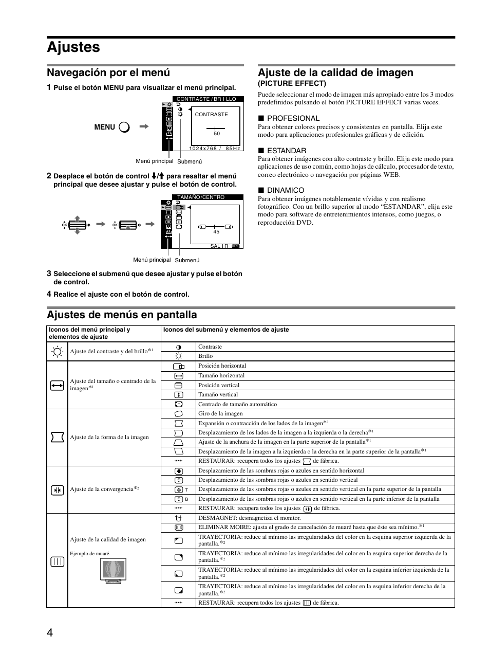 Ajustes, Ajuste de la calidad de imagen (picture effect), Ajustes de menús en pantalla | Navegación por el menú, Ajuste de la calidad de imagen | Sony GDM-F520 User Manual | Page 22 / 52