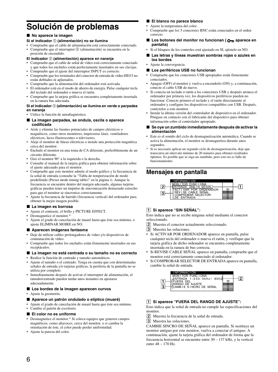 Solución de problemas, Mensajes en pantalla | Sony GDM-F520 User Manual | Page 24 / 52