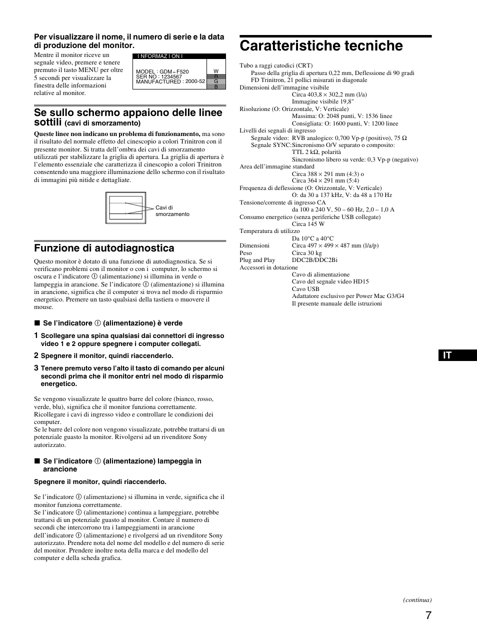 Funzione di autodiagnostica, Caratteristiche tecniche, Se sullo schermo appaiono delle linee sottili | Sony GDM-F520 User Manual | Page 31 / 52