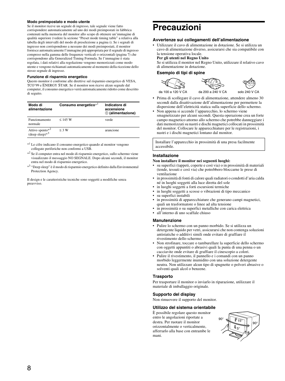 Precauzioni | Sony GDM-F520 User Manual | Page 32 / 52