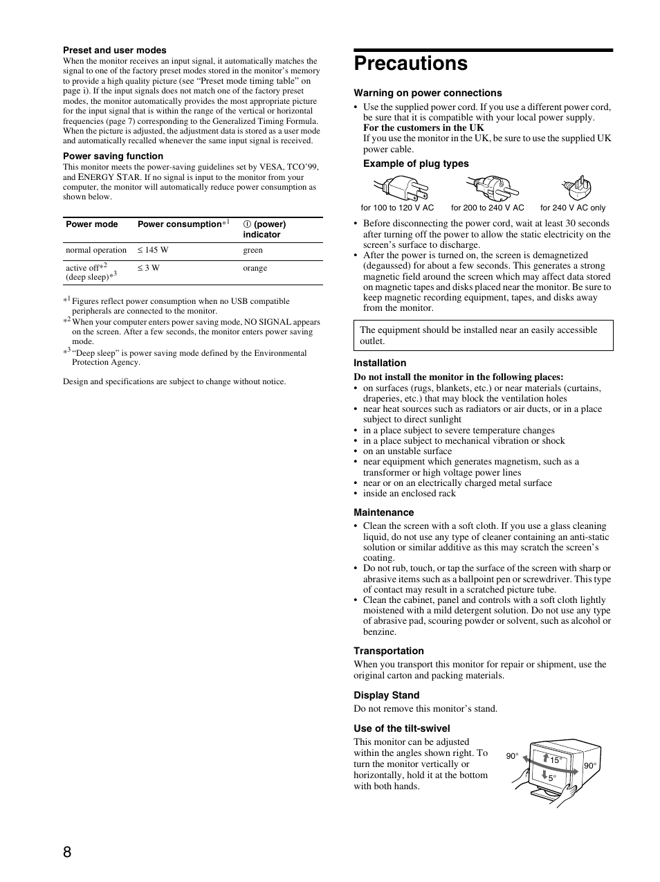 Precautions | Sony GDM-F520 User Manual | Page 8 / 52