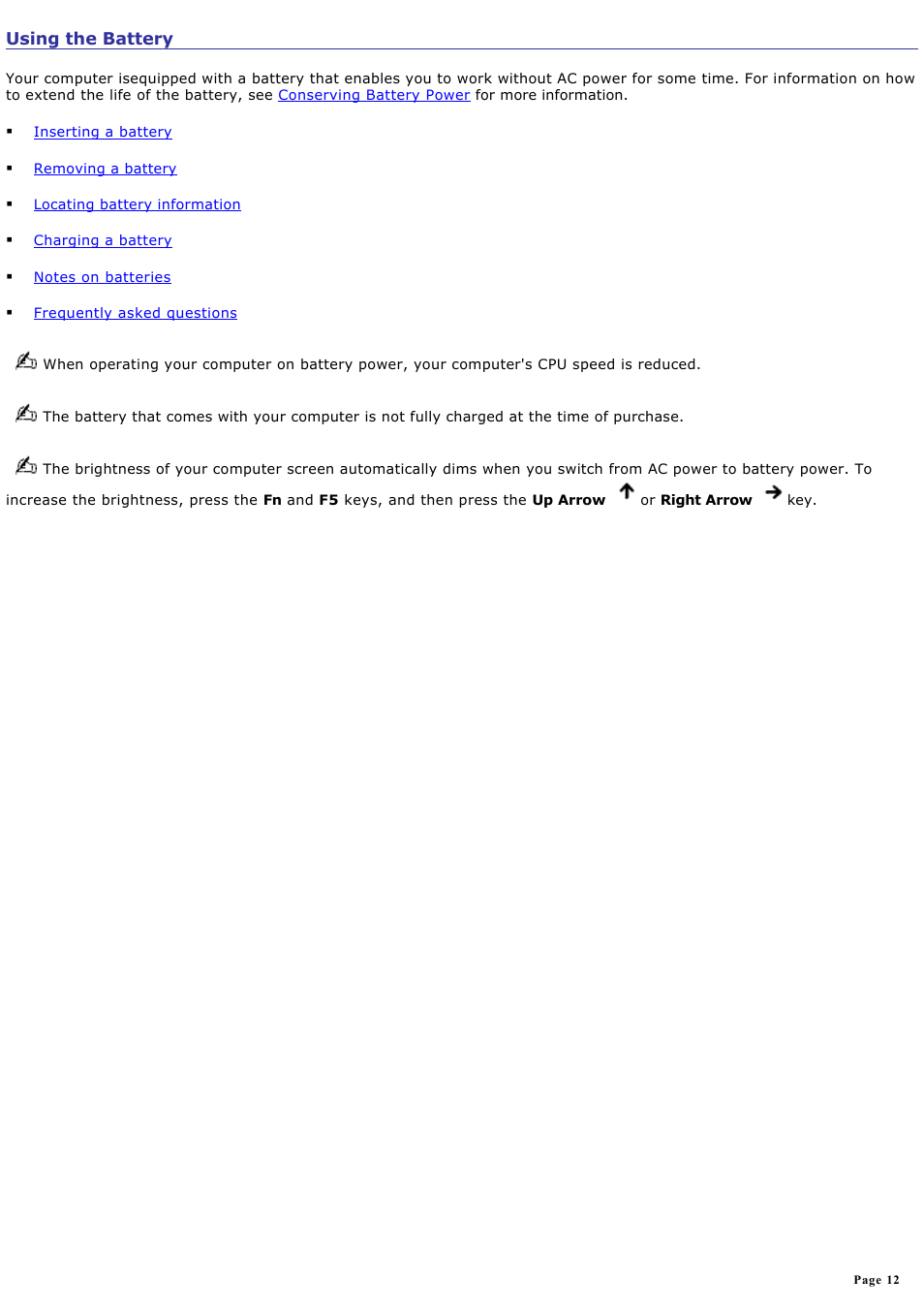 Using the battery | Sony PCG-V505DXP User Manual | Page 12 / 152