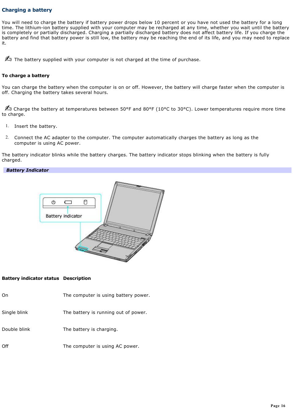 Charging a battery | Sony PCG-V505DXP User Manual | Page 16 / 152