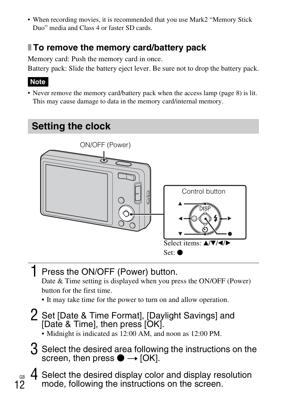 Setting the clock | Sony DSC-W560 User Manual | Page 12 / 48