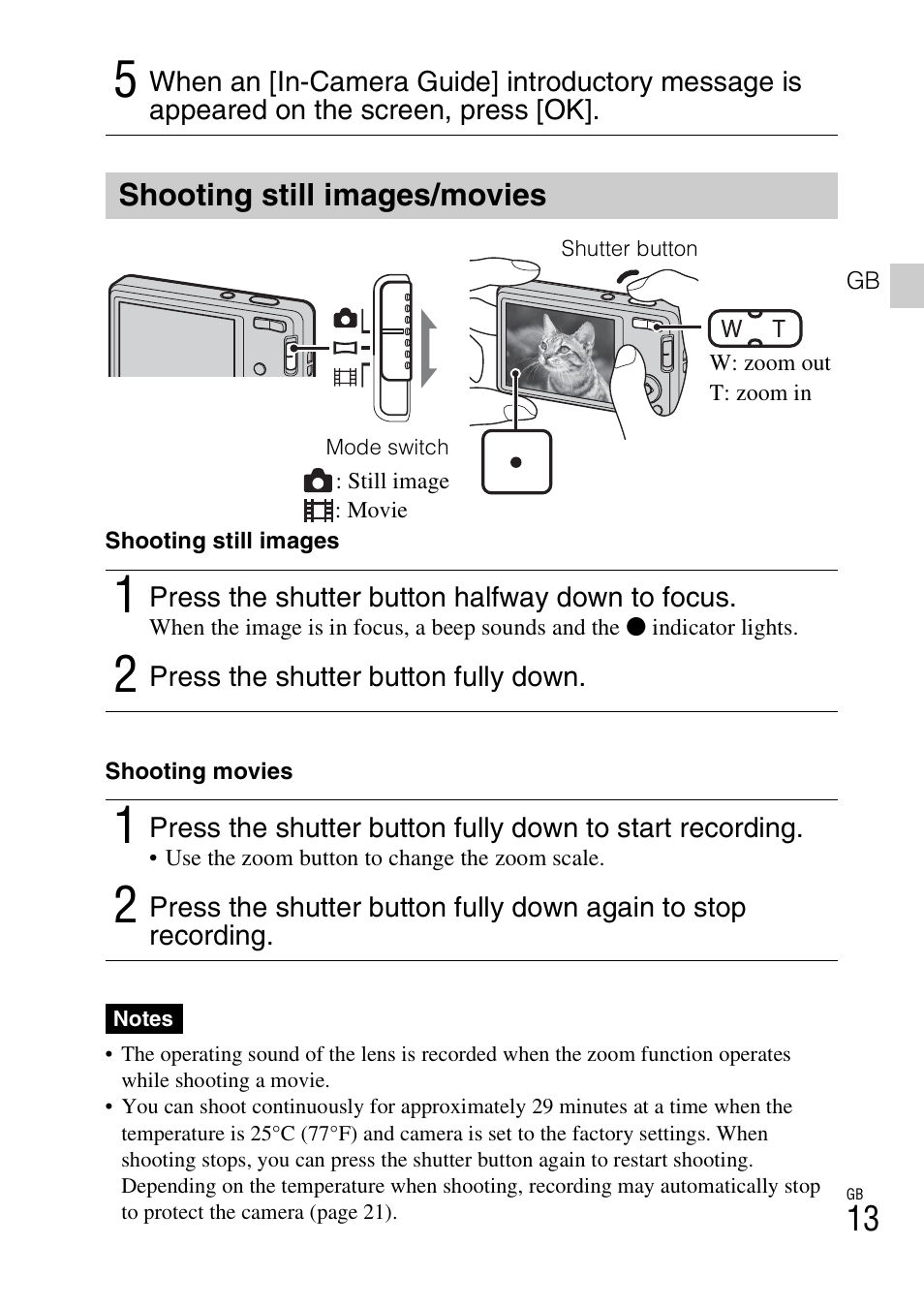 Shooting still images/movies | Sony DSC-W560 User Manual | Page 13 / 48