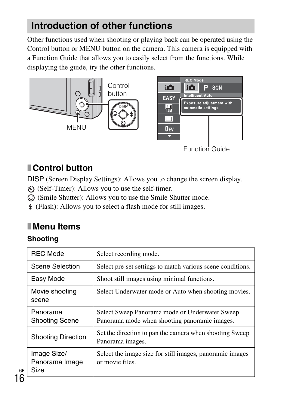 Introduction of other functions, Xcontrol button, Xmenu items | Sony DSC-W560 User Manual | Page 16 / 48