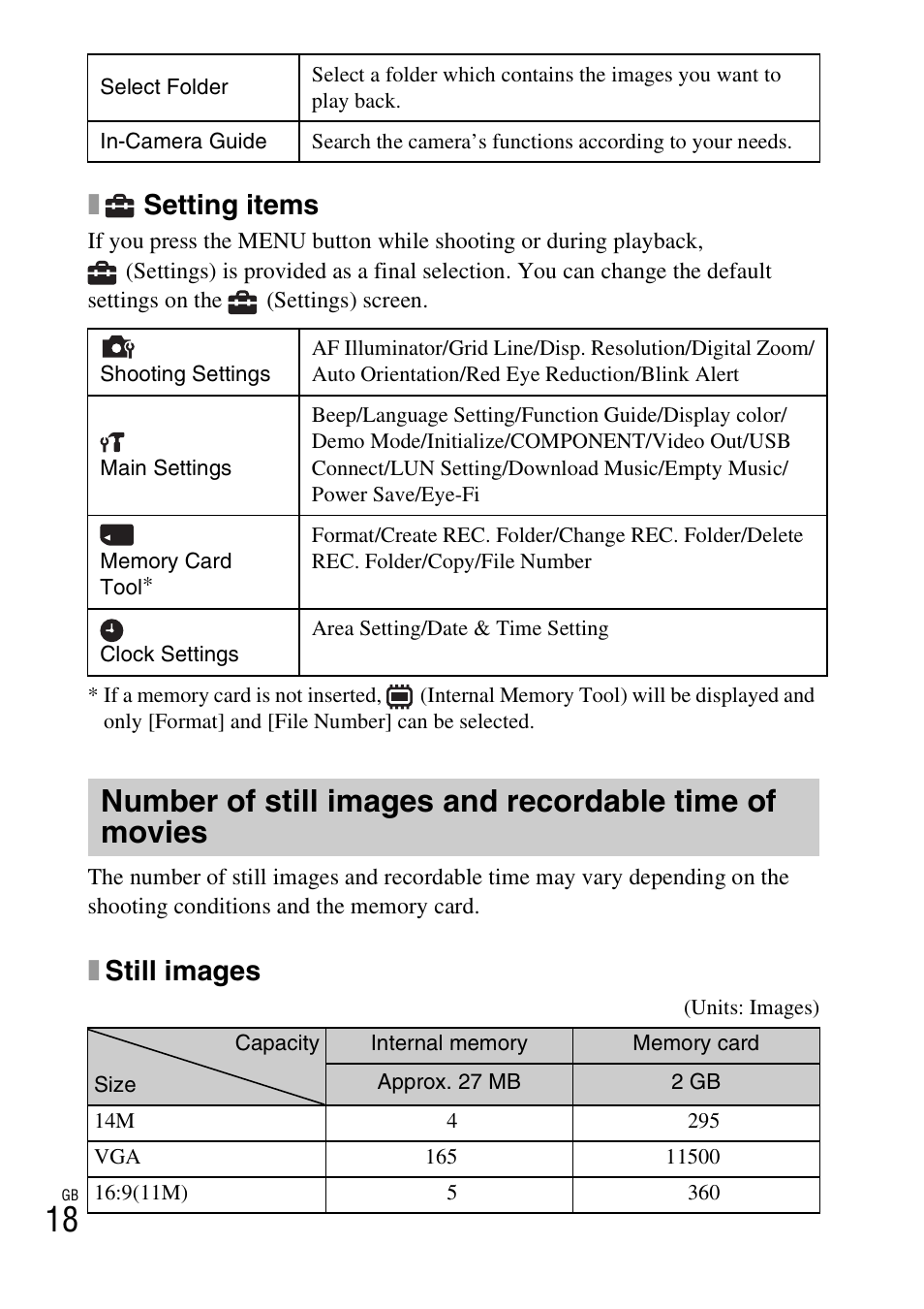 Setting items, Xstill images | Sony DSC-W560 User Manual | Page 18 / 48
