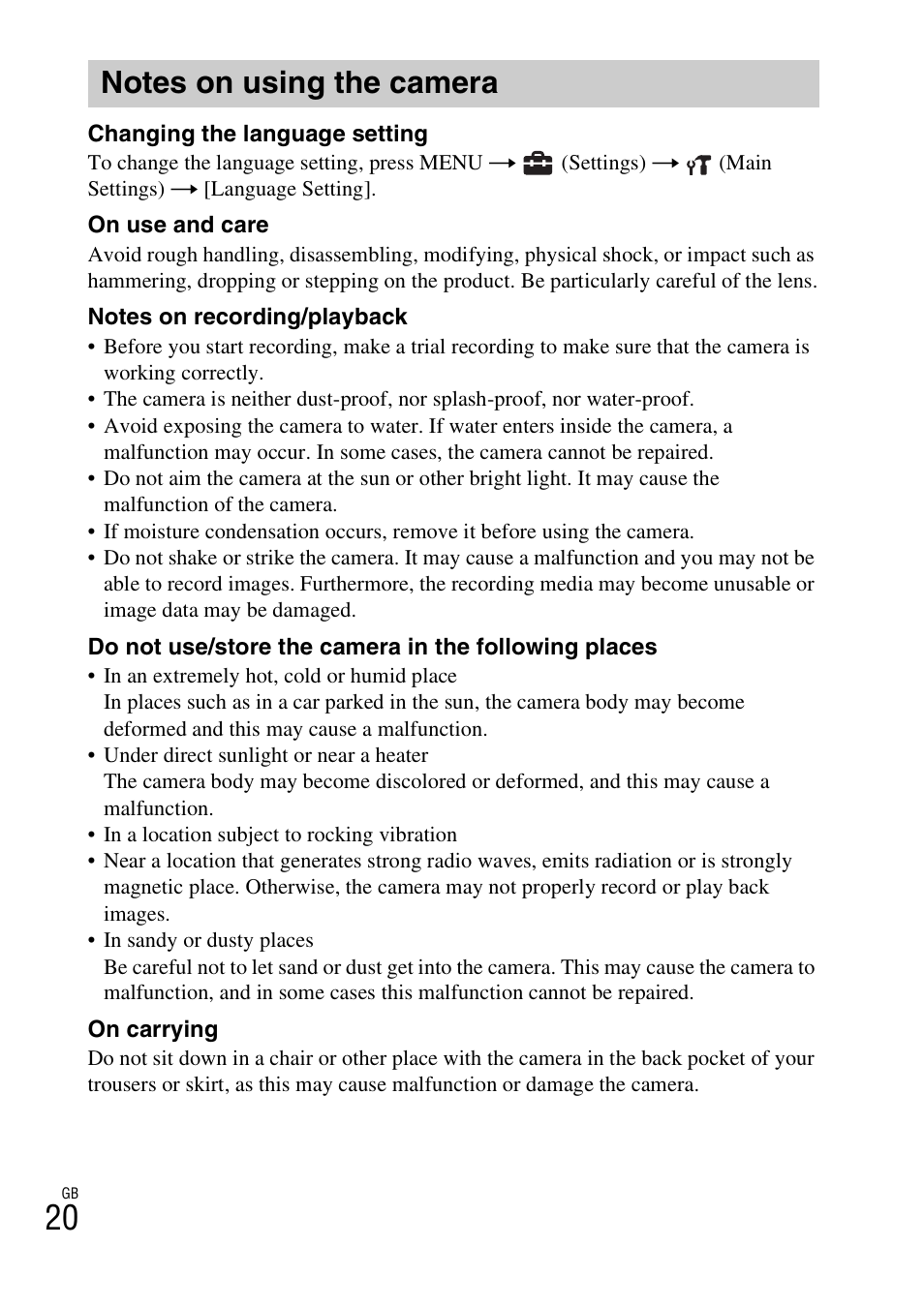 Notes on using the camera | Sony DSC-W560 User Manual | Page 20 / 48