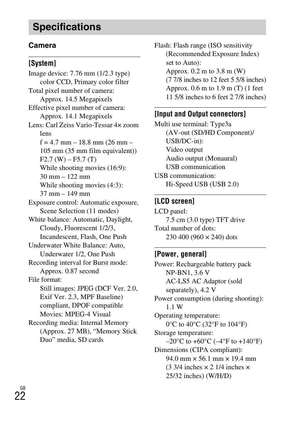 Specifications | Sony DSC-W560 User Manual | Page 22 / 48