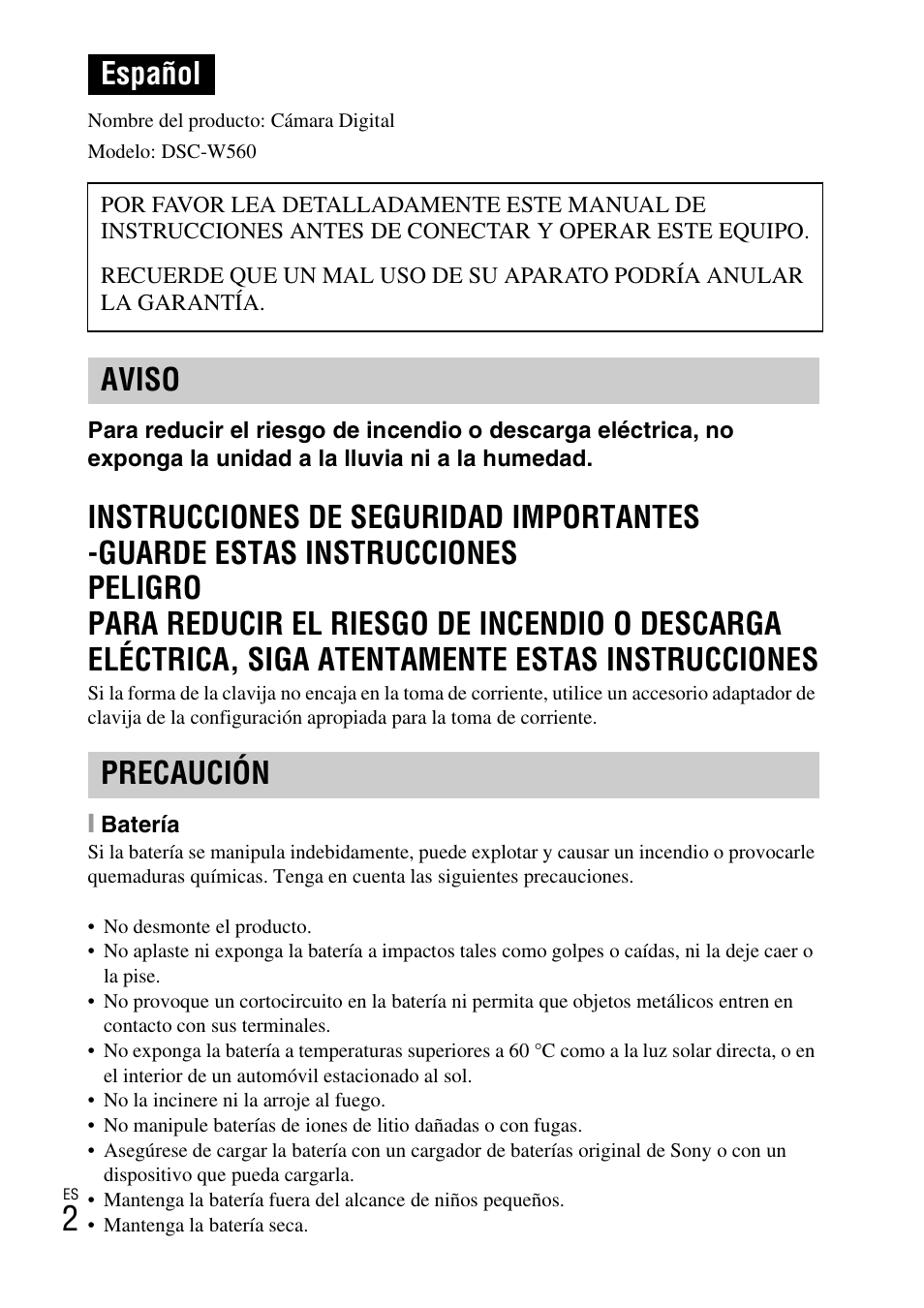 Español, Aviso precaución | Sony DSC-W560 User Manual | Page 24 / 48