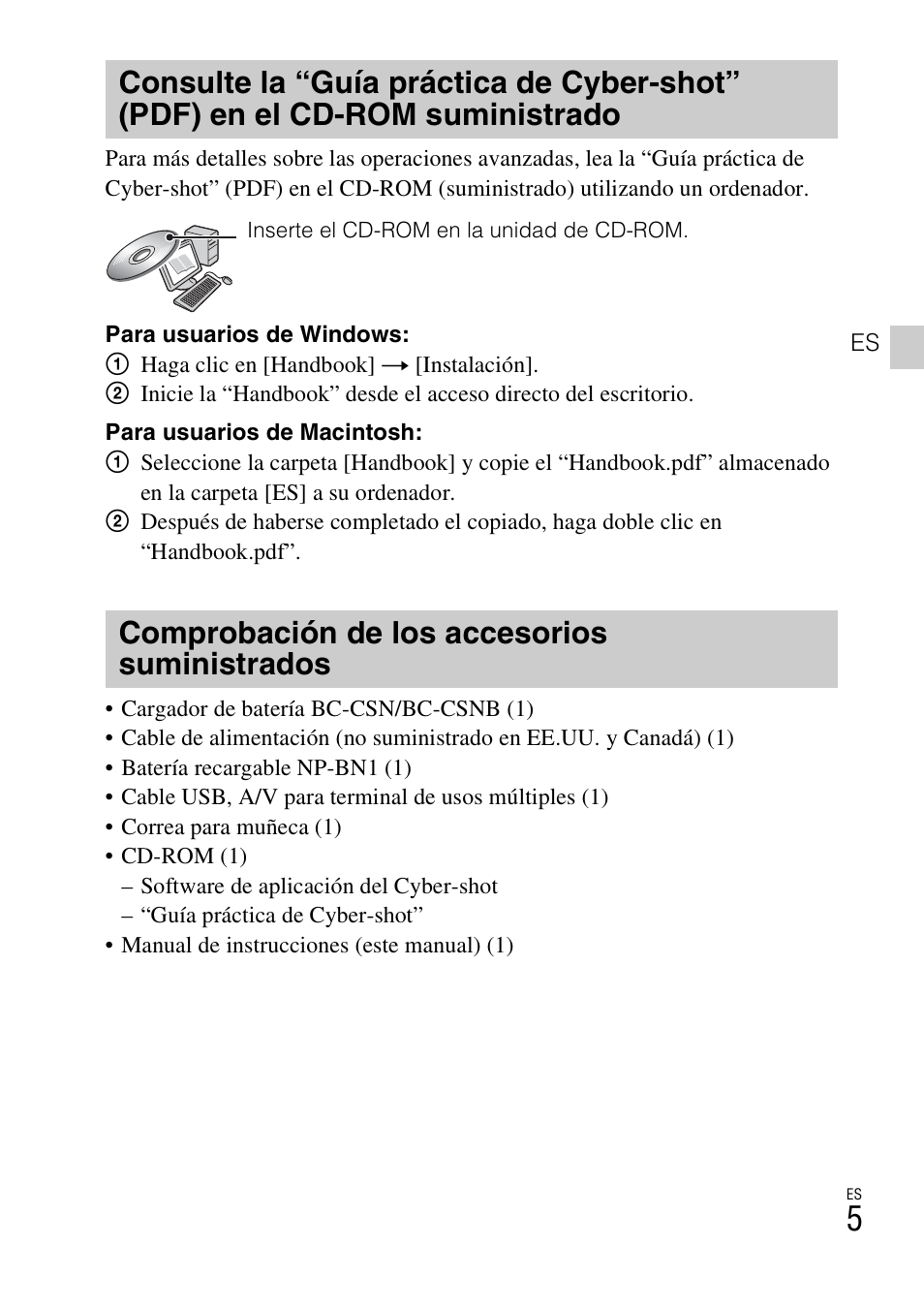 Comprobación de los accesorios suministrados | Sony DSC-W560 User Manual | Page 27 / 48