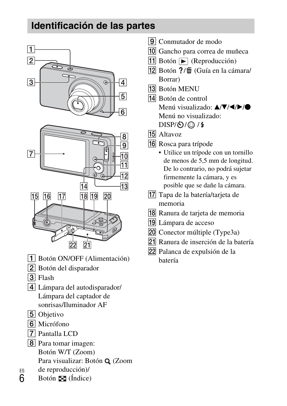 Identificación de las partes | Sony DSC-W560 User Manual | Page 28 / 48