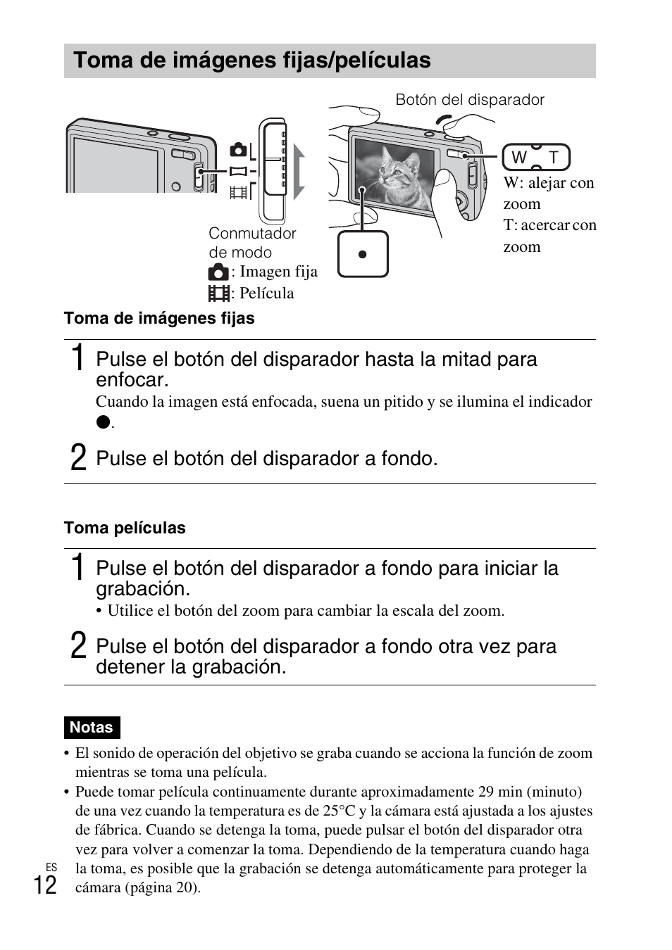 Toma de imágenes fijas/películas | Sony DSC-W560 User Manual | Page 34 / 48