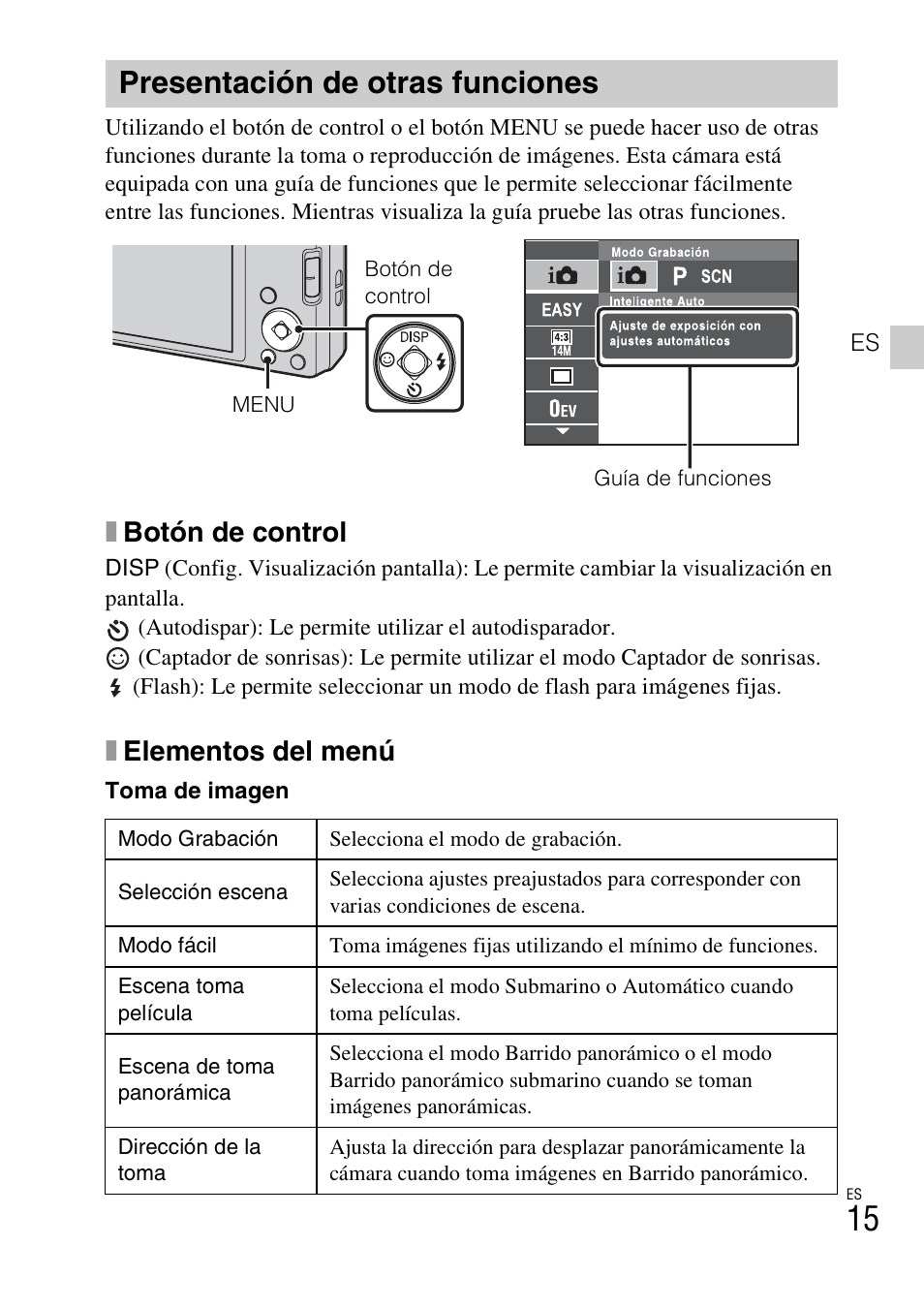 Presentación de otras funciones, Xbotón de control, Xelementos del menú | Sony DSC-W560 User Manual | Page 37 / 48