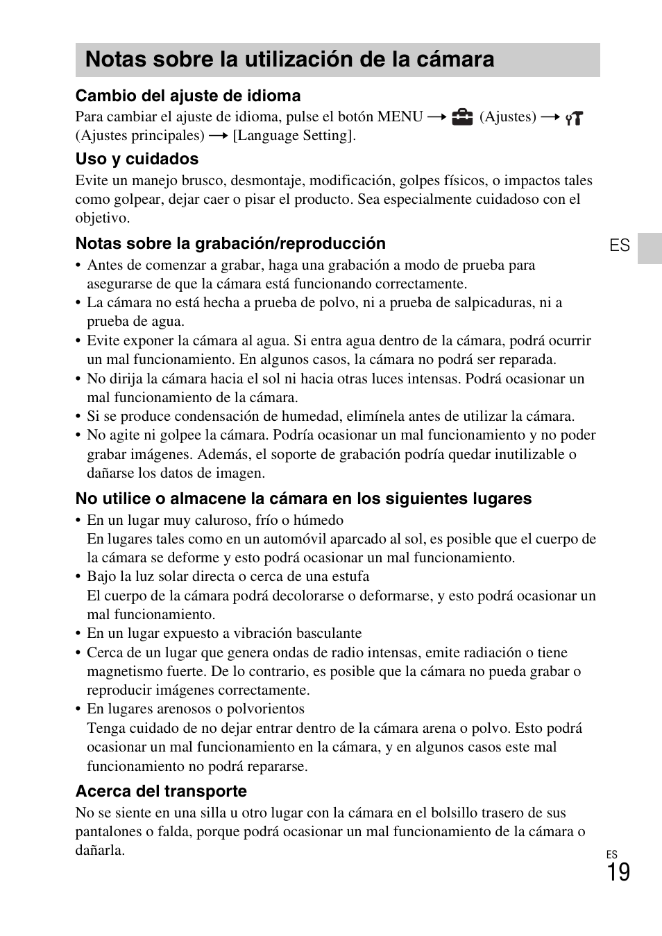 Notas sobre la utilización de la cámara | Sony DSC-W560 User Manual | Page 41 / 48