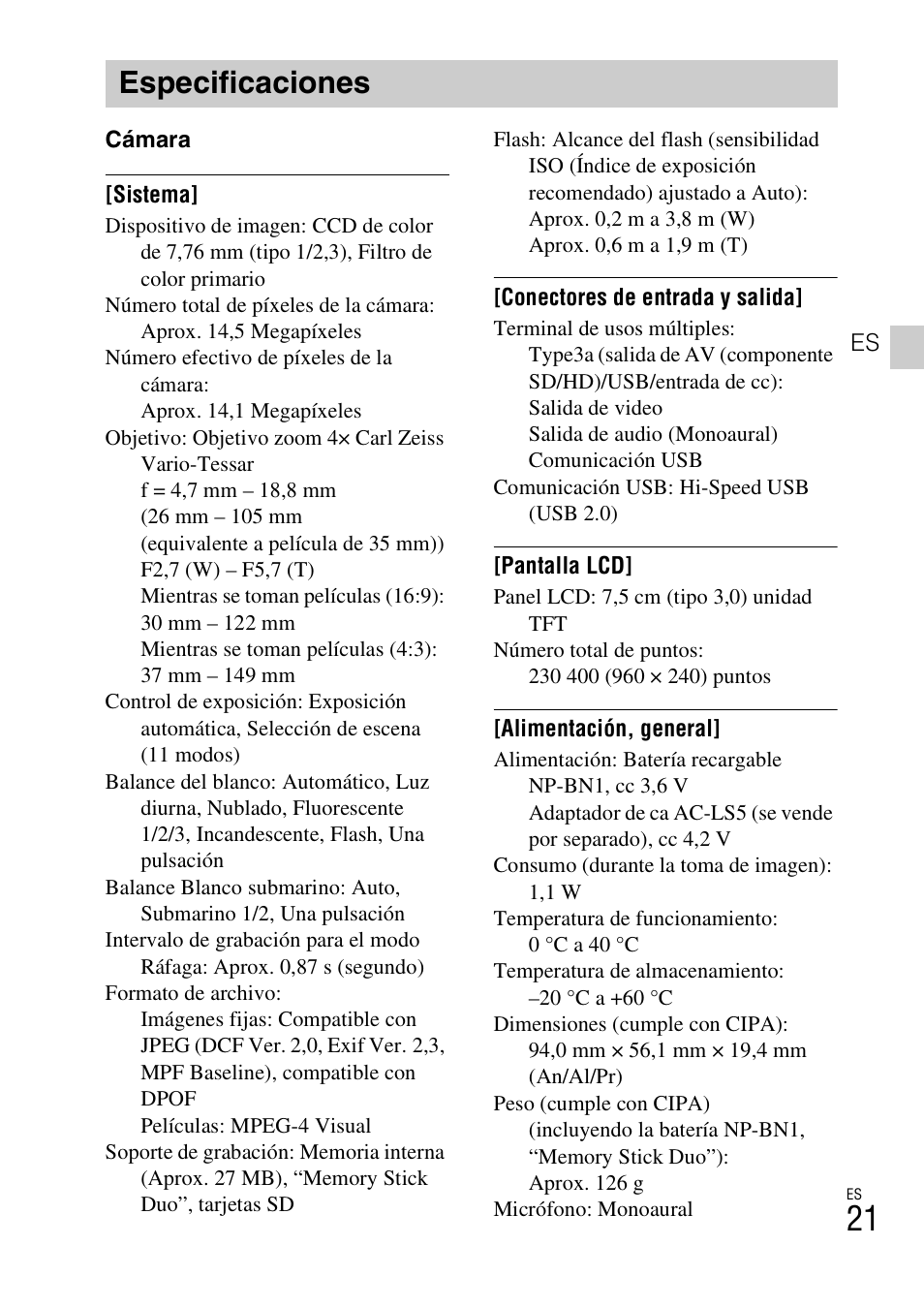 Especificaciones | Sony DSC-W560 User Manual | Page 43 / 48