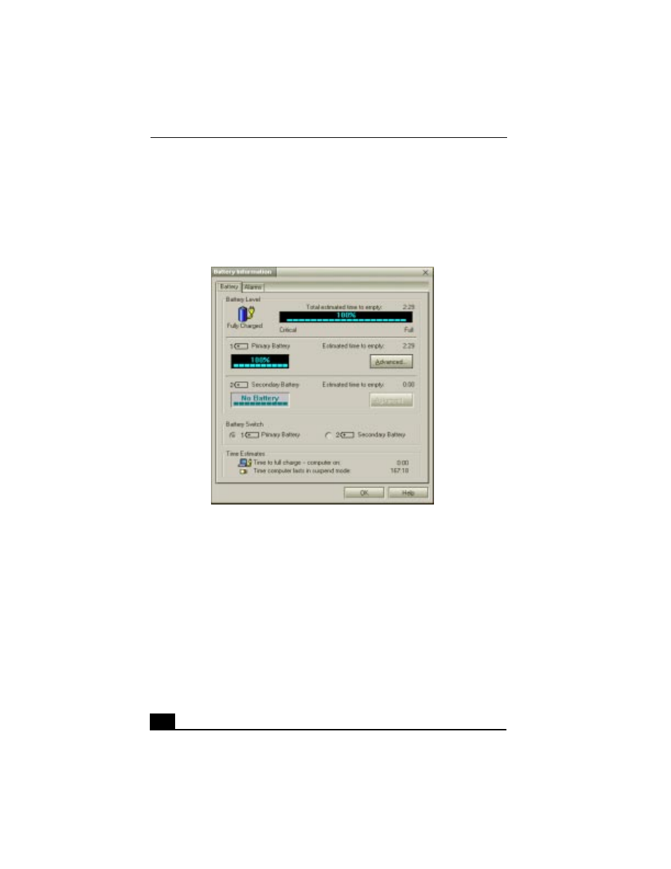 Displaying detailed battery information, Battery information window | Sony PCG-FX290K User Manual | Page 90 / 138