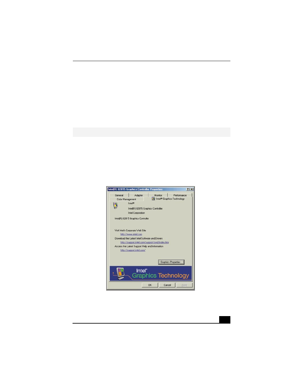 Selecting the display mode, Intel® 82815 graphics controller properties screen | Sony PCG-FX290K User Manual | Page 91 / 138