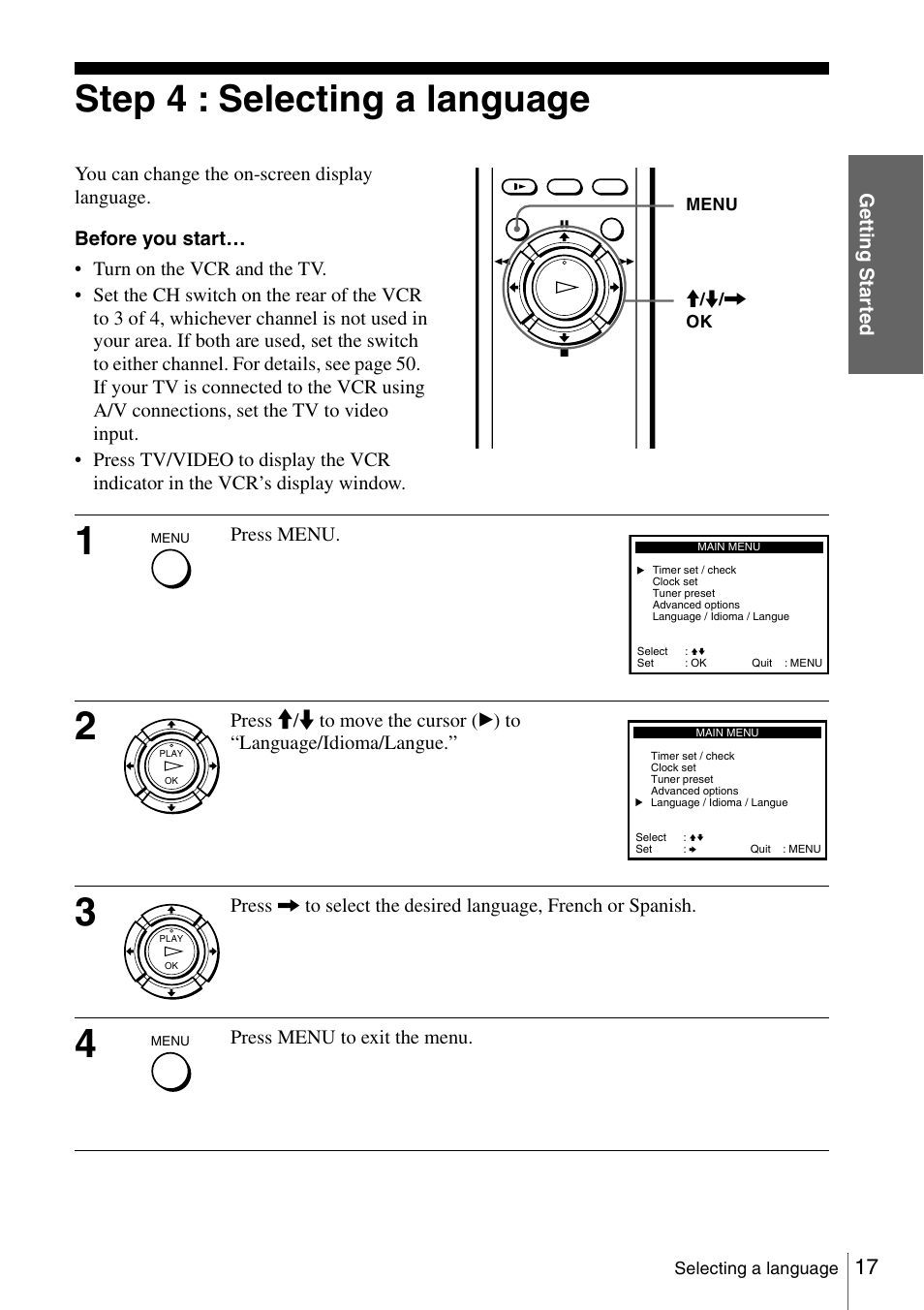 Step 4 : selecting a language, 17 s | Sony SLV-N51 User Manual | Page 17 / 60