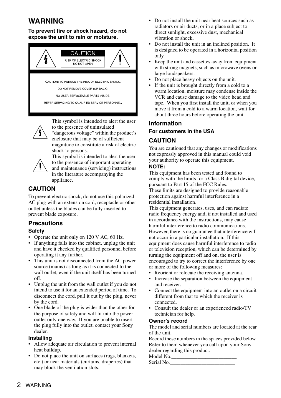 Warning | Sony SLV-N51 User Manual | Page 2 / 60