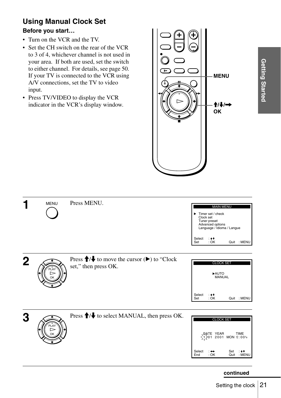 Using manual clock set, Getti ng sta rted, Press menu | Press m/m to select manual, then press ok | Sony SLV-N51 User Manual | Page 21 / 60