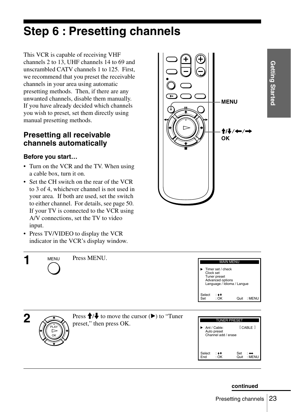 Step 6 : presetting channels, 23 s, Presetting all receivable channels automatically | Getti ng sta rted, Press menu | Sony SLV-N51 User Manual | Page 23 / 60