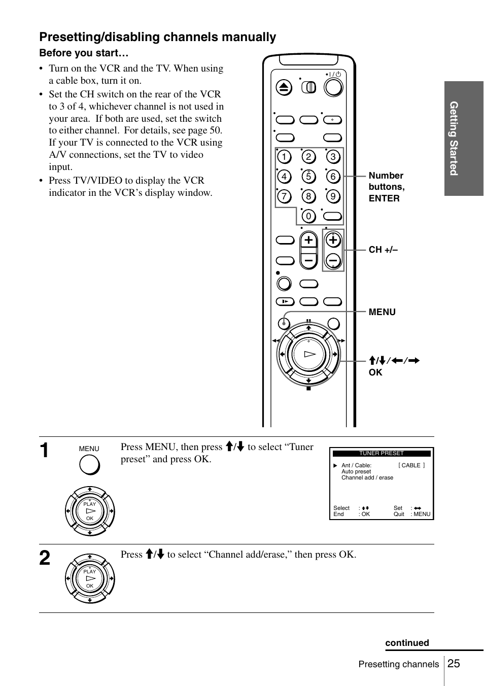 Presetting/disabling channels manually, Getti ng sta rted | Sony SLV-N51 User Manual | Page 25 / 60